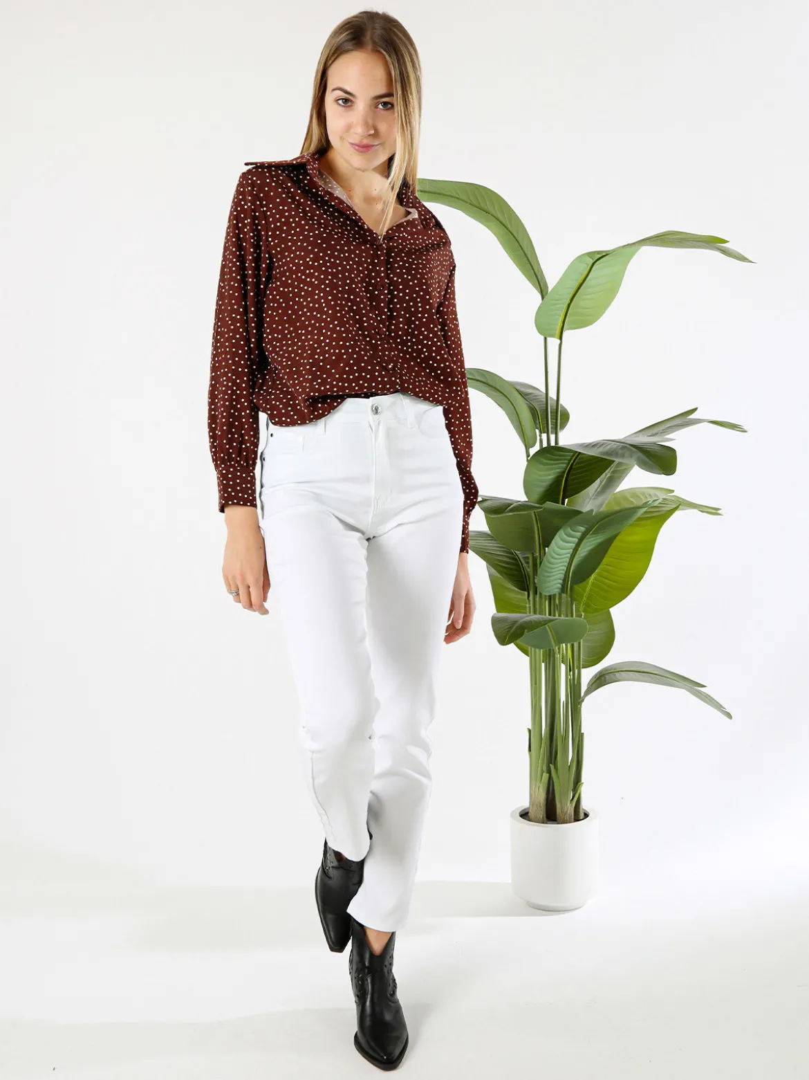 Monique Camicia donna a maniche lunghe con stampa a pois - marrone