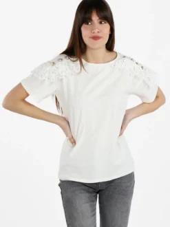Monte Cervino T-shirt donna con ricami in macramè e bottoni decorati