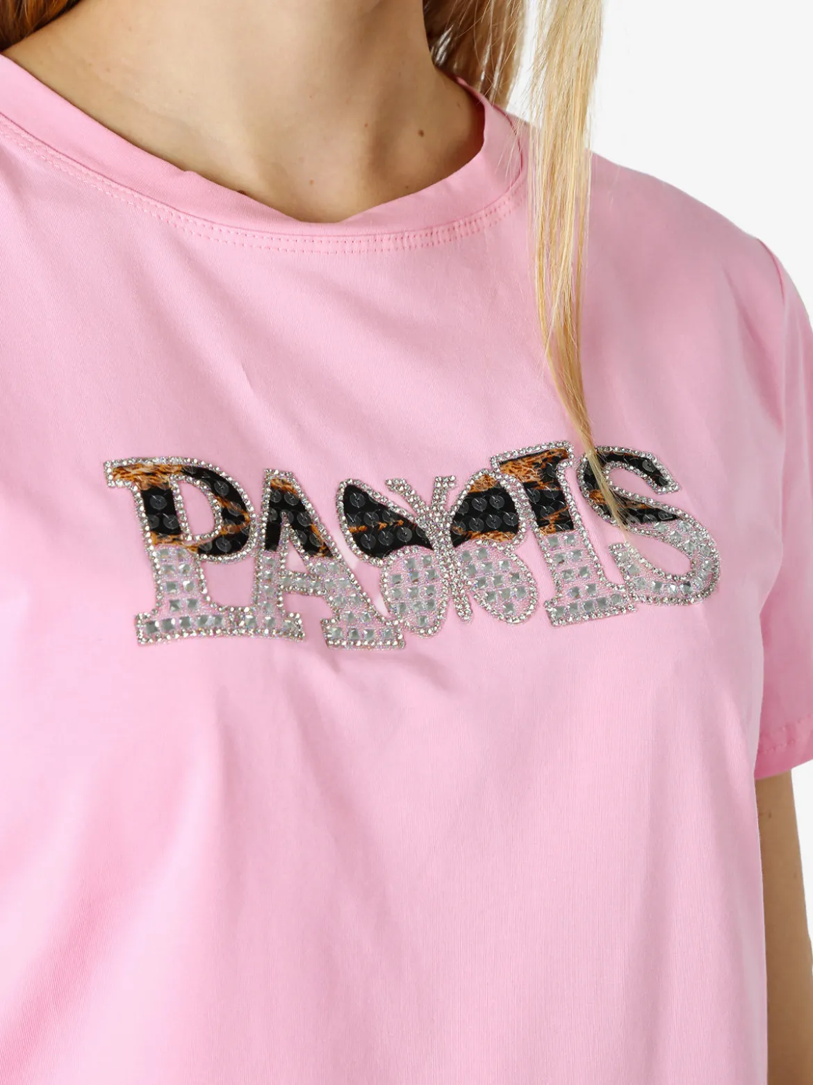 Monte Cervino T-shirt donna in cotone con stampa e strass - rosa