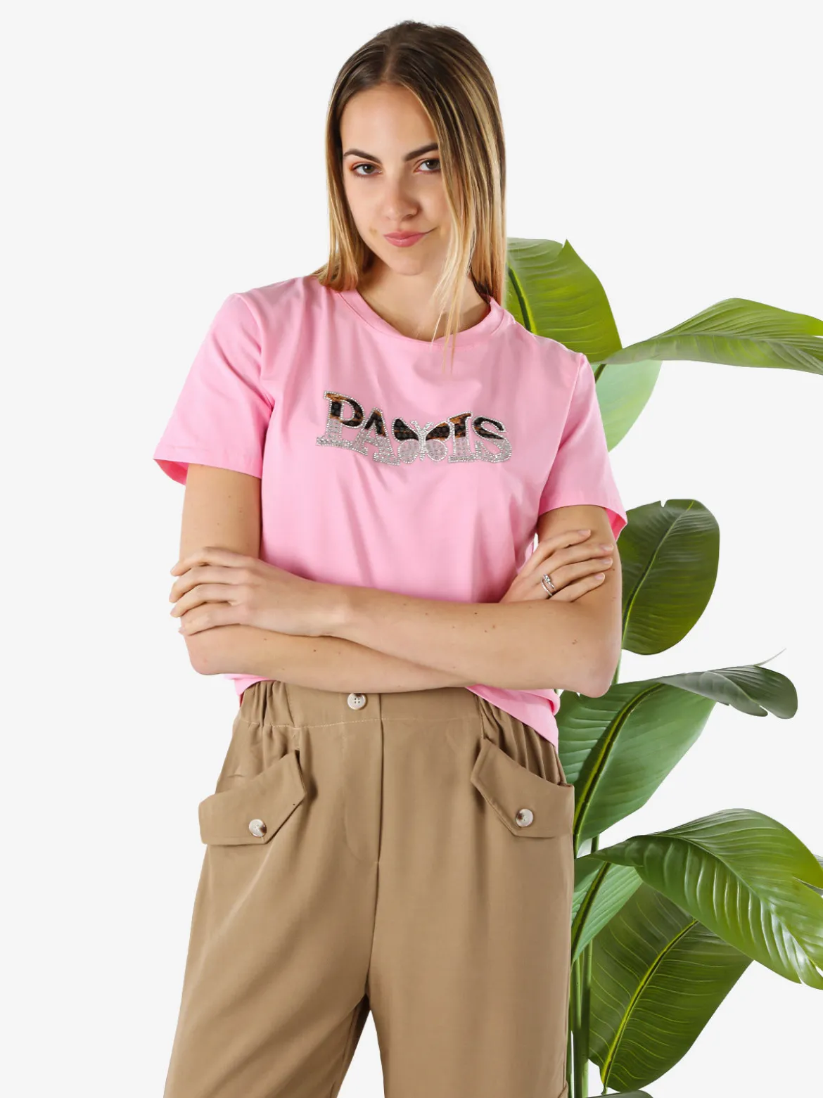 Monte Cervino T-shirt donna in cotone con stampa e strass - rosa