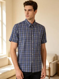 Mrhope Camicia da uomo in cotone a maniche corte con stampa a quadri e taschino - bluette