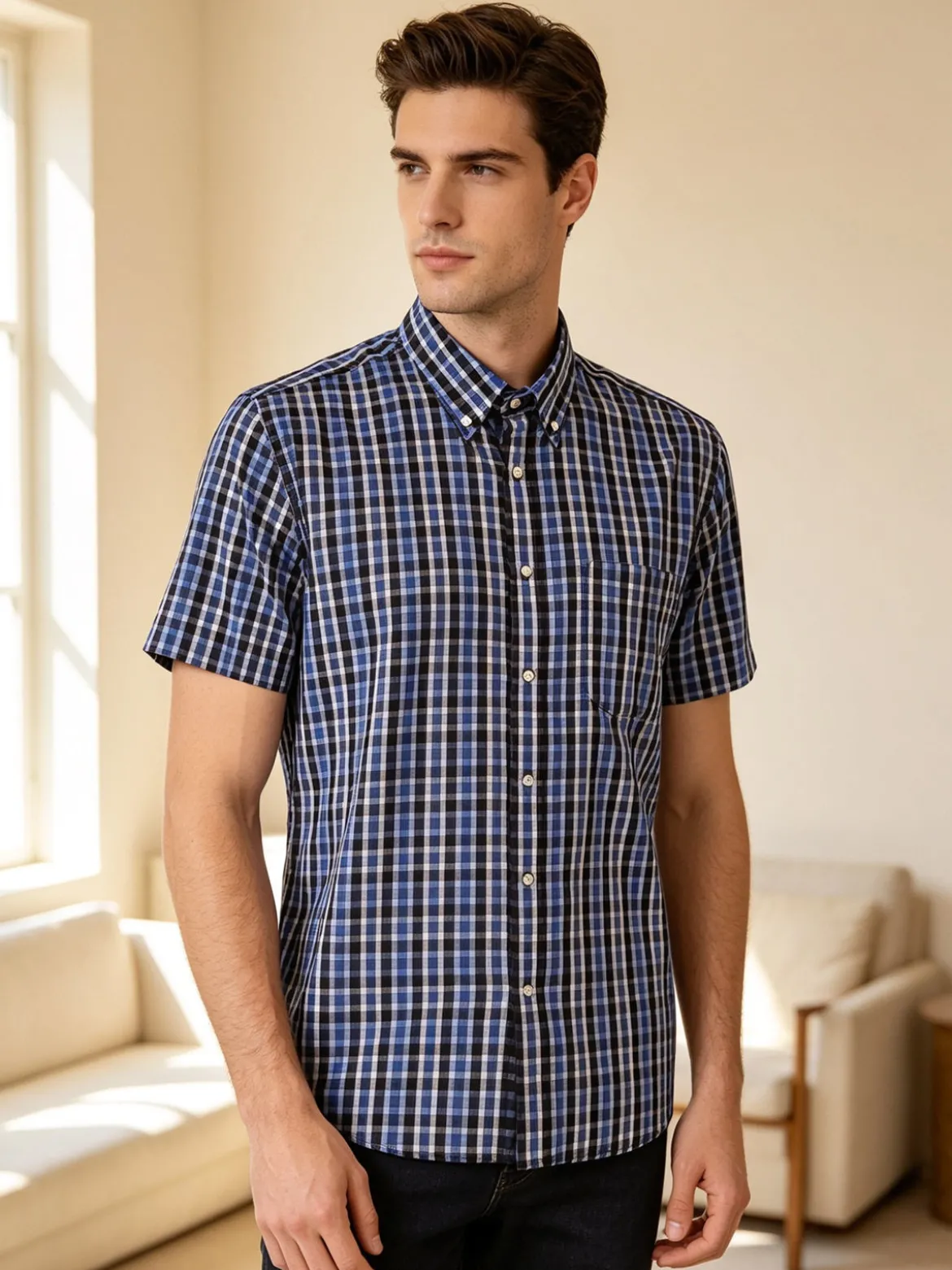 Mrhope Camicia da uomo in cotone a maniche corte con stampa a quadri e taschino - bluette