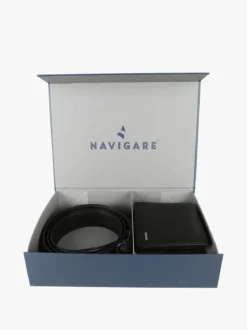 Navigare Confezione regalo da uomo con cintura e portafoglio in pelle - nero