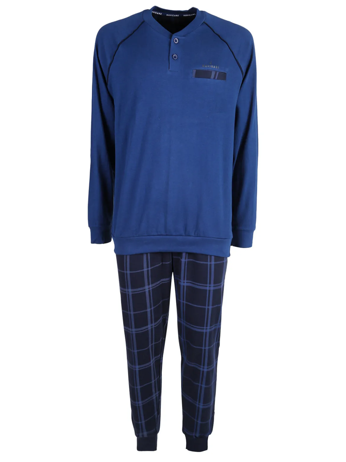 Navigare Pigiama lungo da uomo in cotone interlock con pantaloni a quadri - blu scuro
