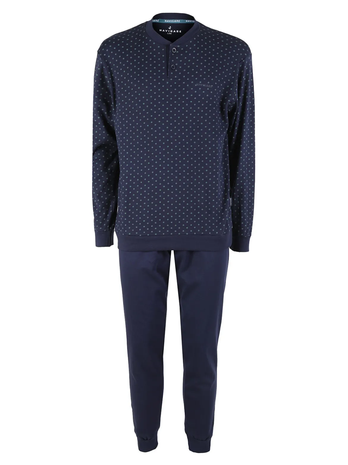 Navigare Pigiama lungo da uomo in cotone interlock con stampe - blu scuro