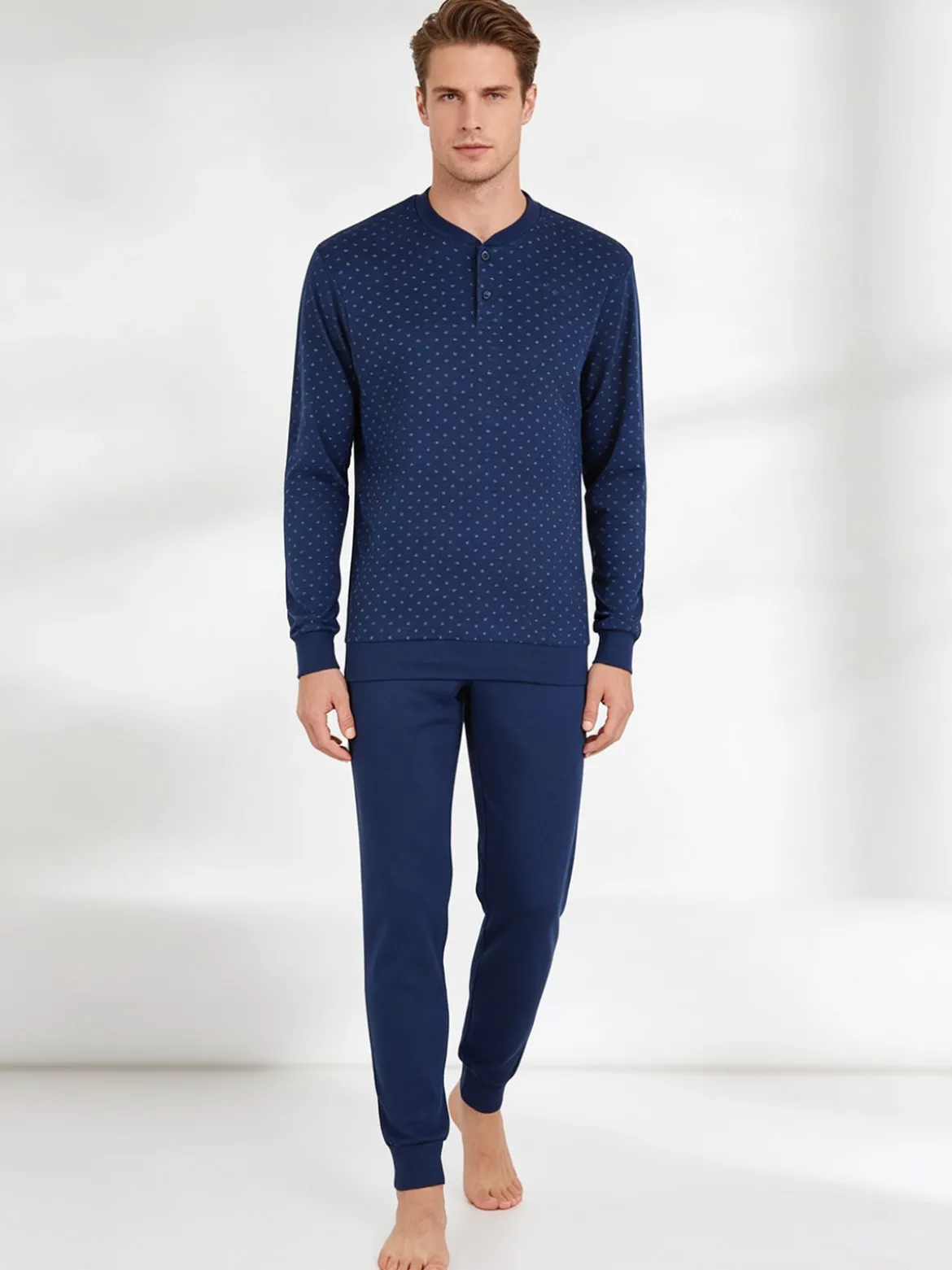 Navigare Pigiama lungo da uomo in cotone interlock con stampe - blu