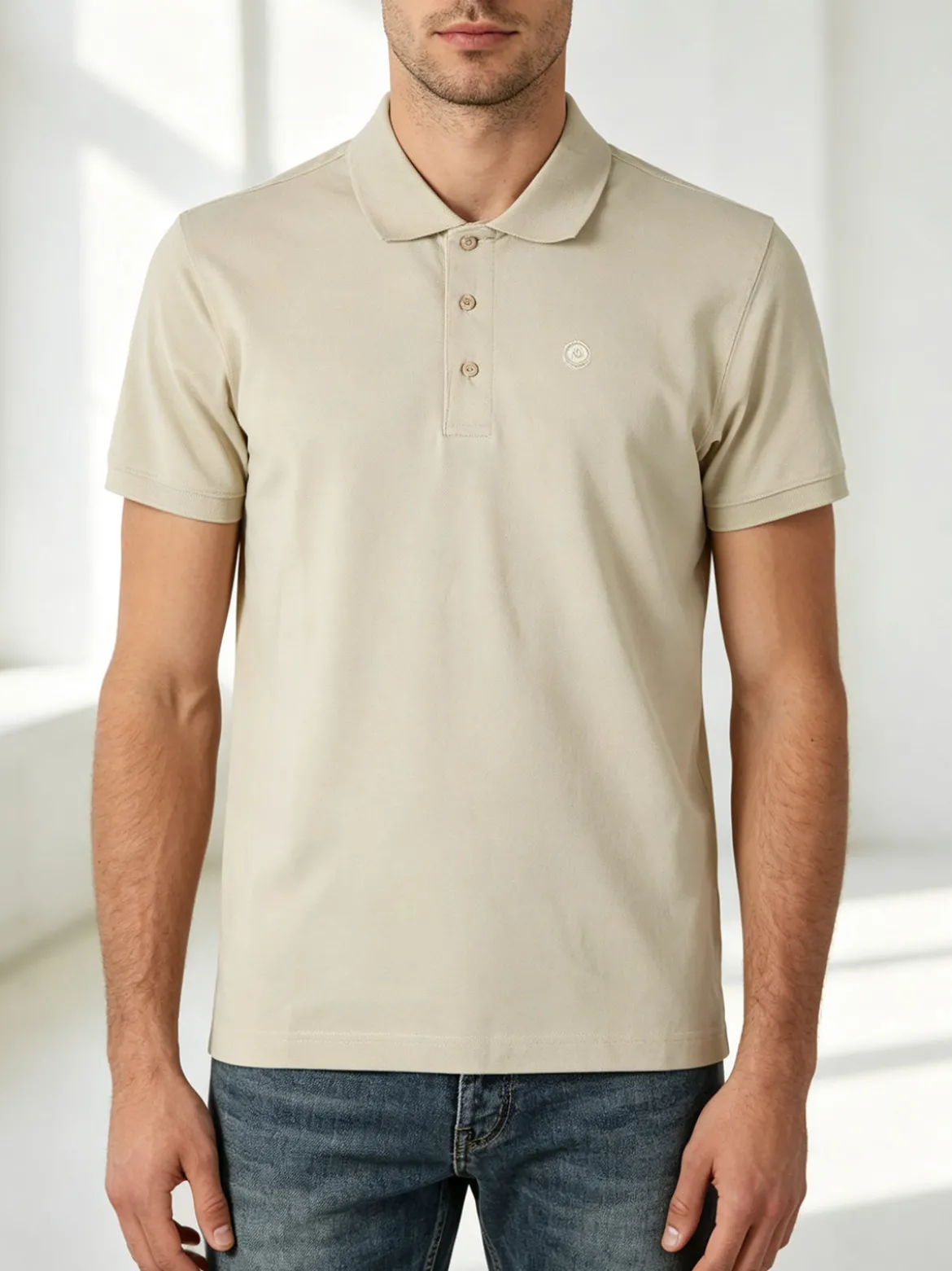 Navy Sail Polo da uomo in cotone a maniche corte - naturale