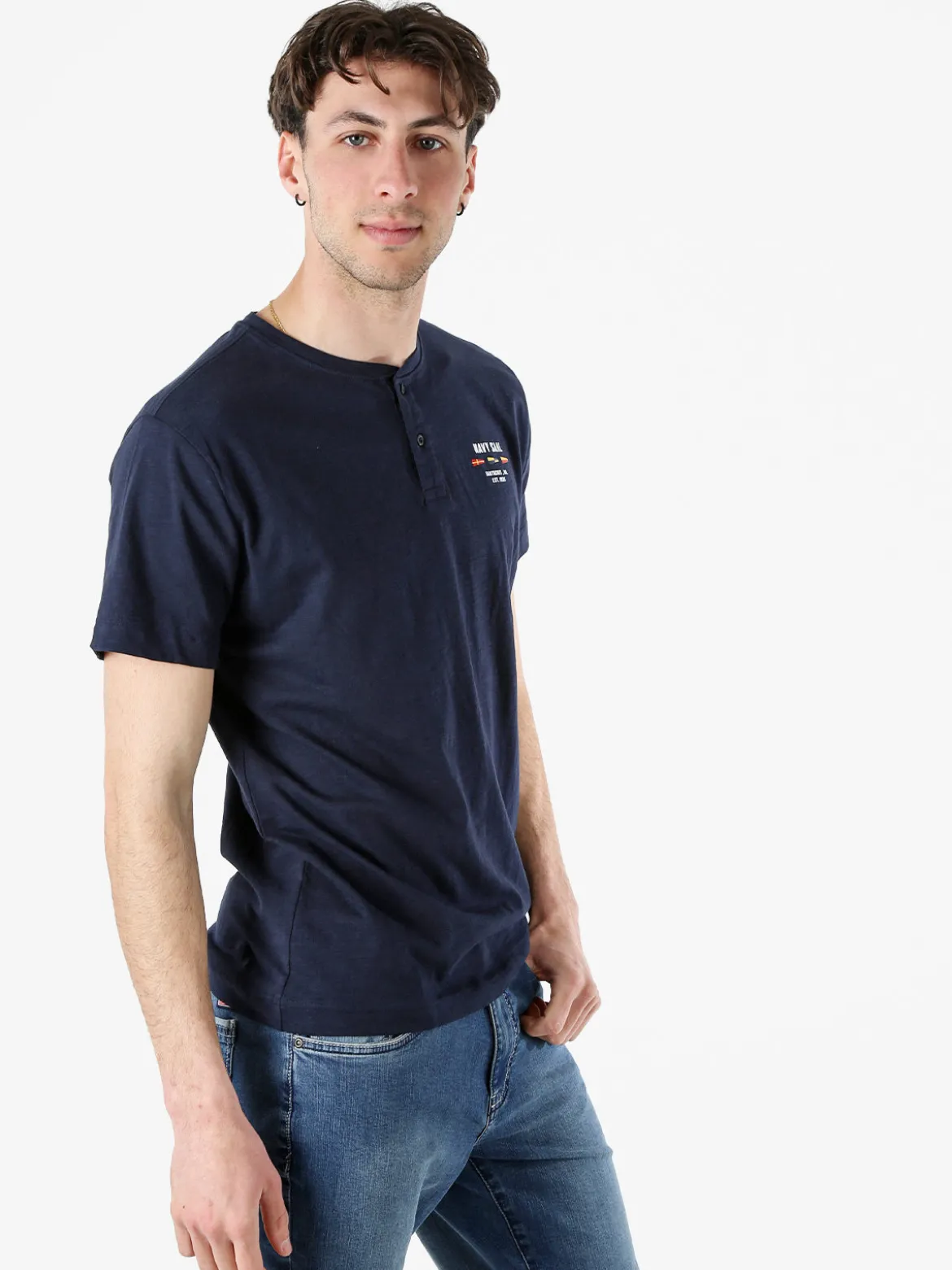 Navy Sail T-shirt da uomo in cotone con bottoni - blu scuro