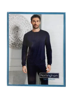 Nottingham Pigiama lungo da uomo in cotone interlock con stampe - blu scuro