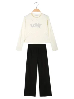 Pink Girl Completo 2 pezzi da bambina a coste con strass - panna