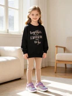 Pink Girl Completo 2 pezzi da bambina con felpa e leggings in pile - nero