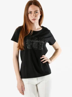 Renato Balestra T-shirt girocollo da donna in cotone con stampa e brillantini - nero