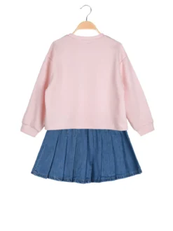 Re Panda Completo 2 pezzi da bambina con felpa oversize e gonna in jeans - rosa