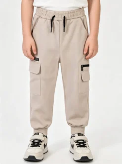 Re Panda Pantaloni cargo da bambino con polsini e interno felpato - beige