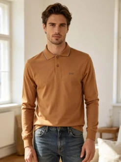 Rifle Polo uomo a maniche lunghe in cotone - cammello