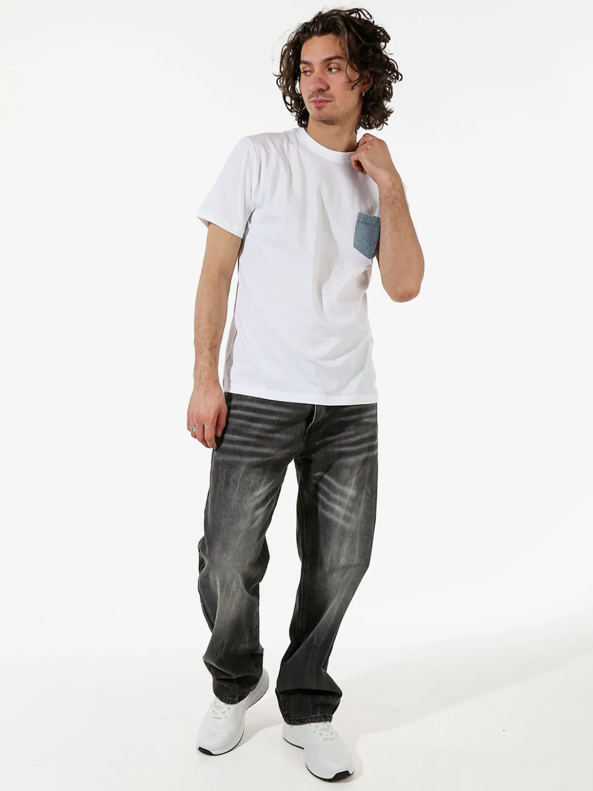Rifle T-shirt da uomo in cotone con taschino in jeans - bianco