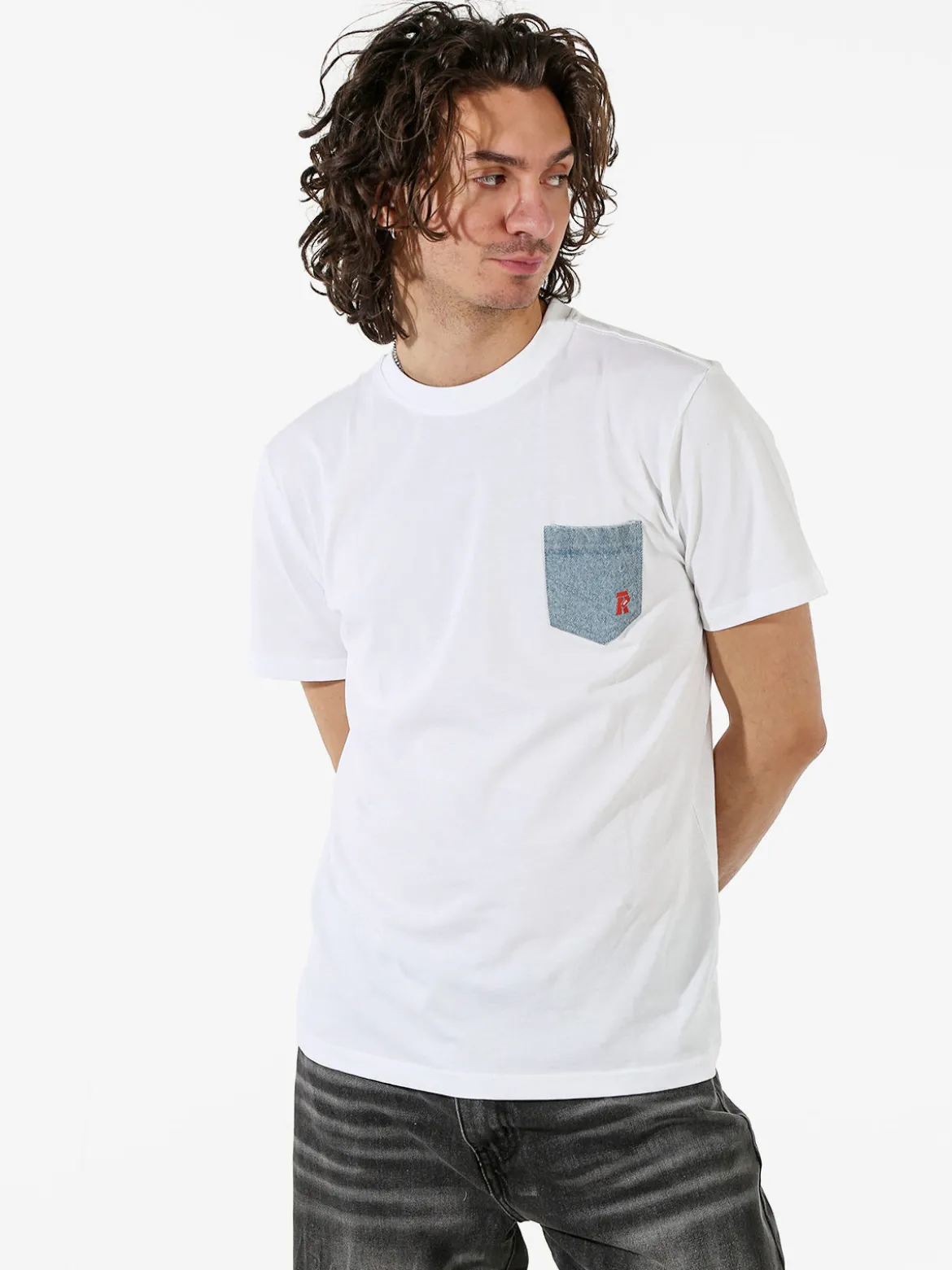 Rifle T-shirt da uomo in cotone con taschino in jeans - bianco