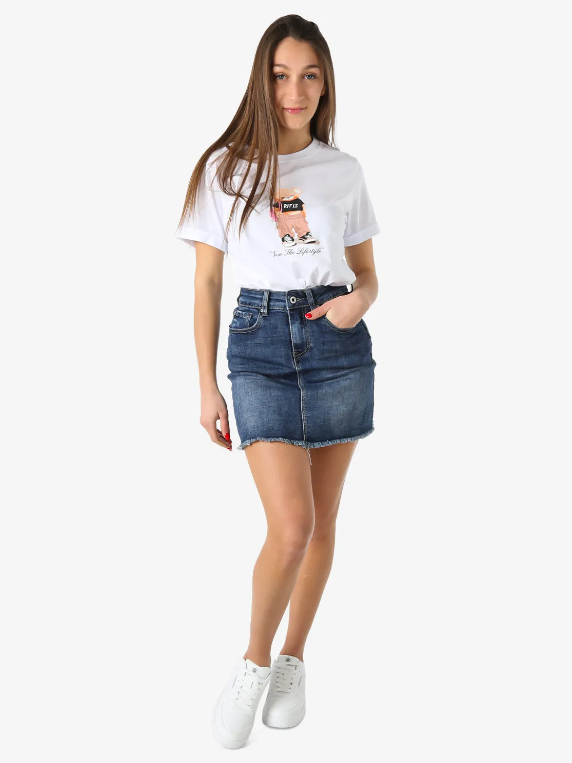 Rifle T-shirt girocollo da donna in cotone con stampa - bianco