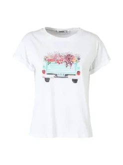 Rifle T-shirt girocollo da donna in cotone con stampa e strass - bianco