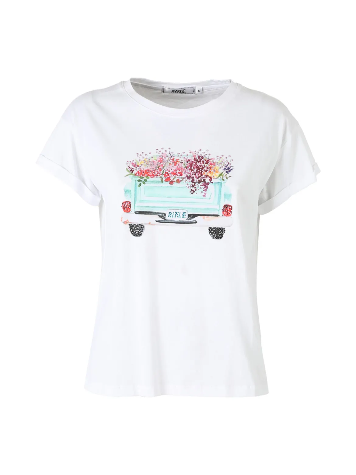 Rifle T-shirt girocollo da donna in cotone con stampa e strass - bianco