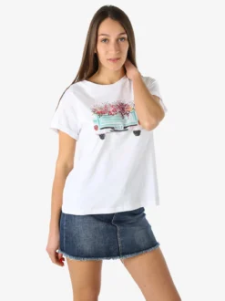 Rifle T-shirt girocollo da donna in cotone con stampa e strass - bianco