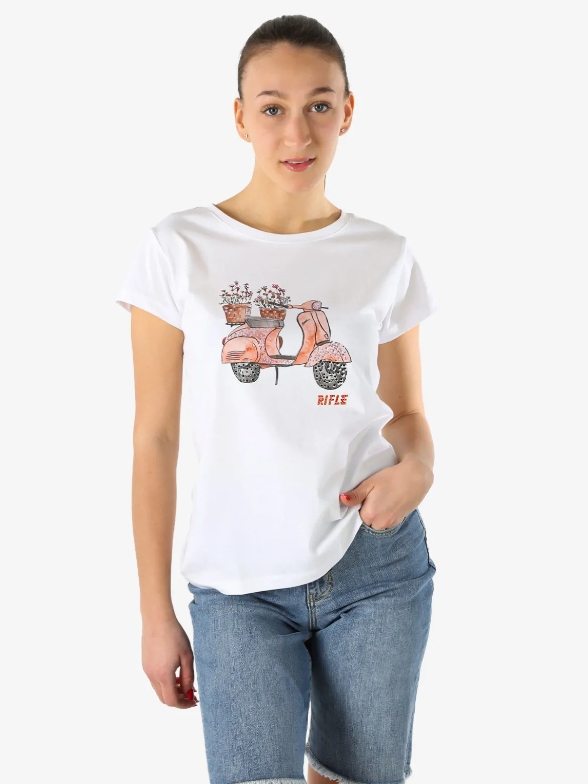 Rifle T-shirt girocollo da donna in cotone con stampe e strass - bianco