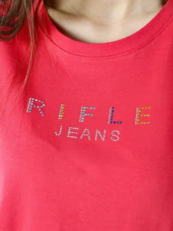 Rifle T-shirt girocollo da donna in cotone con strass - arancione