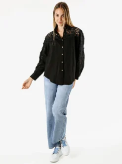Rossamiss Camicia donna a maniche lunghe con dettagli in pizzo macramè - nero
