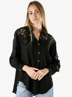 Rossamiss Camicia donna a maniche lunghe con dettagli in pizzo macramè - nero