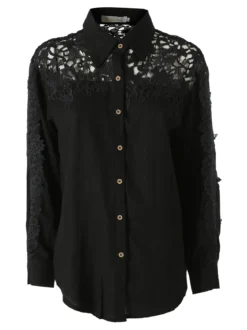 Rossamiss Camicia donna a maniche lunghe con dettagli in pizzo macramè - nero
