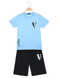 Run Boy Completo corto da ragazzo in cotone 2 pezzi con stampa davanti e dietro - azzurro