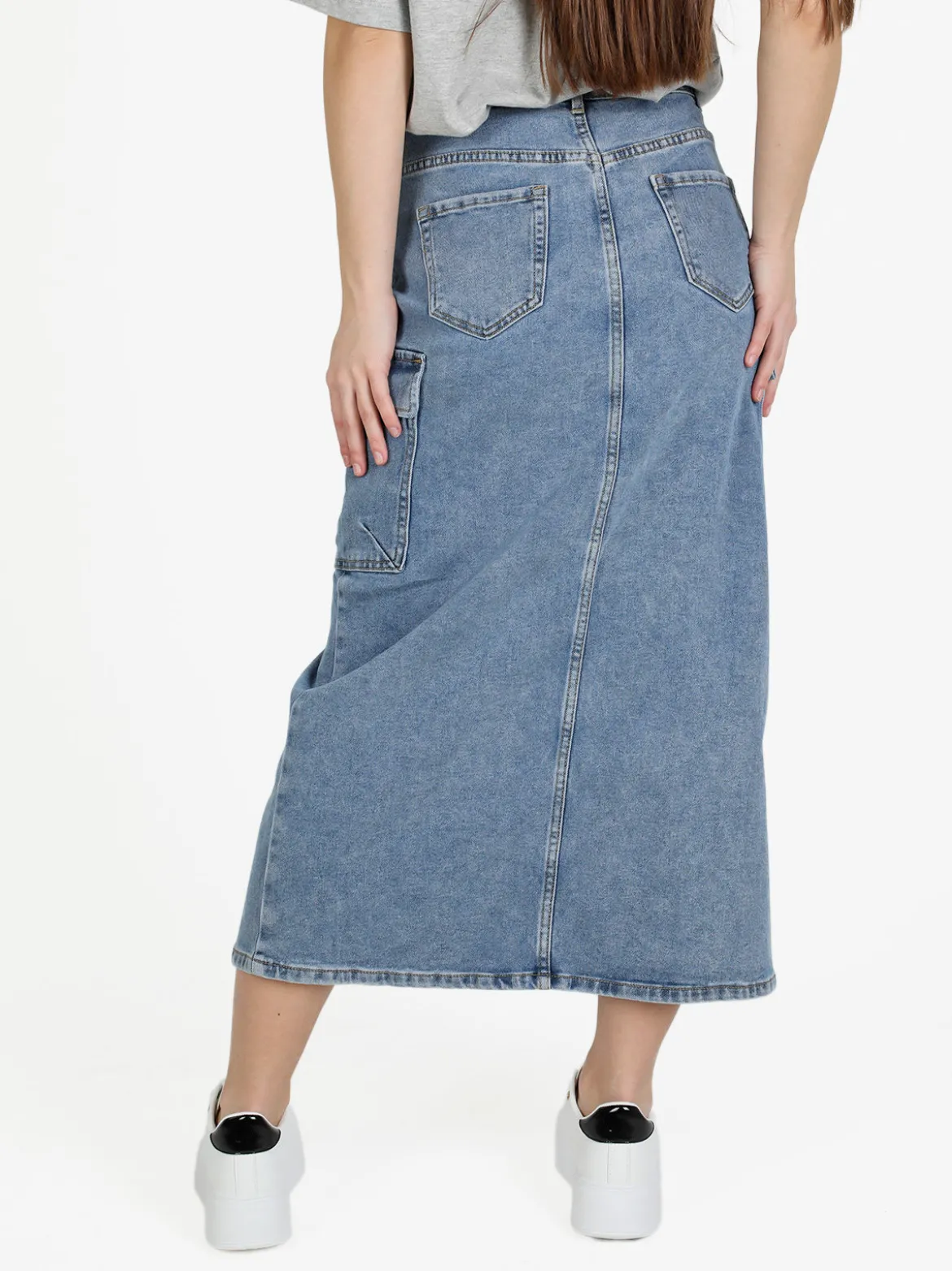 Sexy Sense Gonna in denim con tasconi laterali e spacco profondo