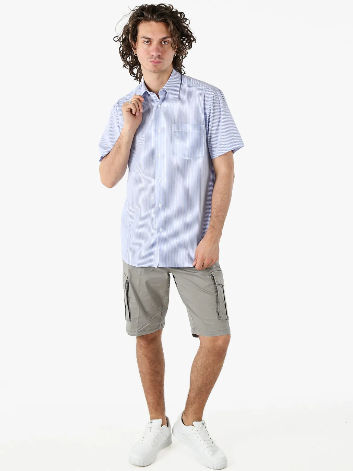 Sky Camicia da uomo rigata a maniche corte con taschino - blu