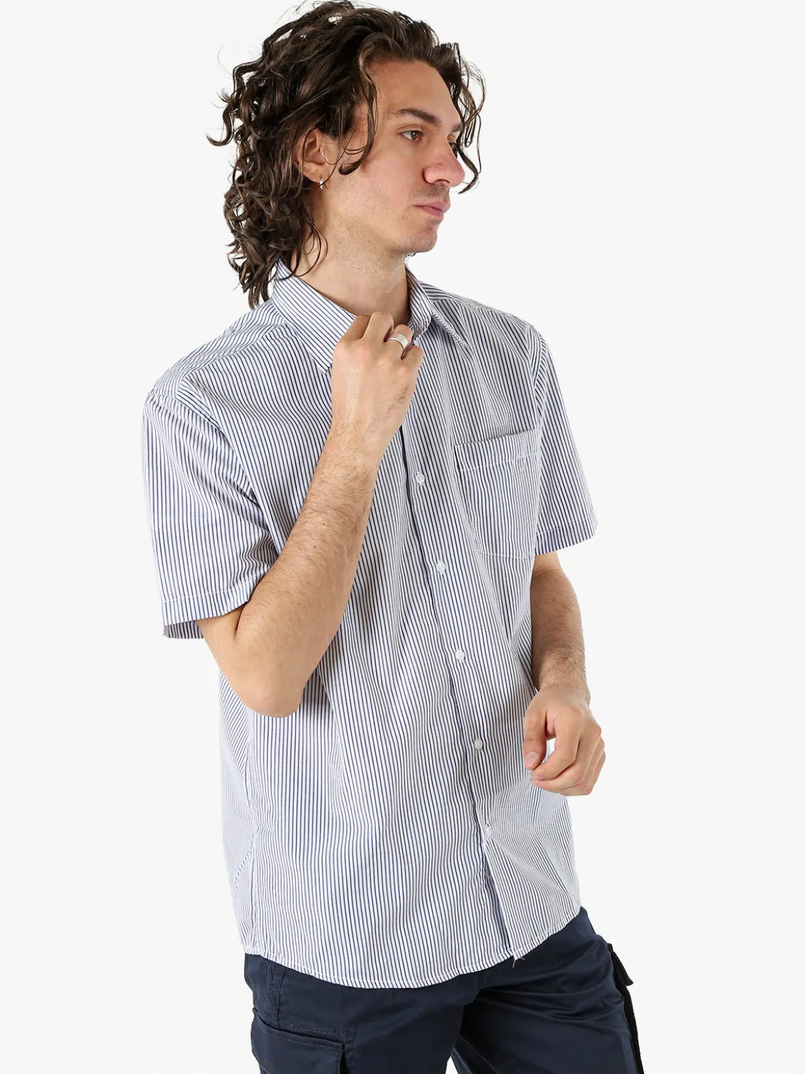 Sky Camicia da uomo rigata a maniche corte con taschino - blu scuro