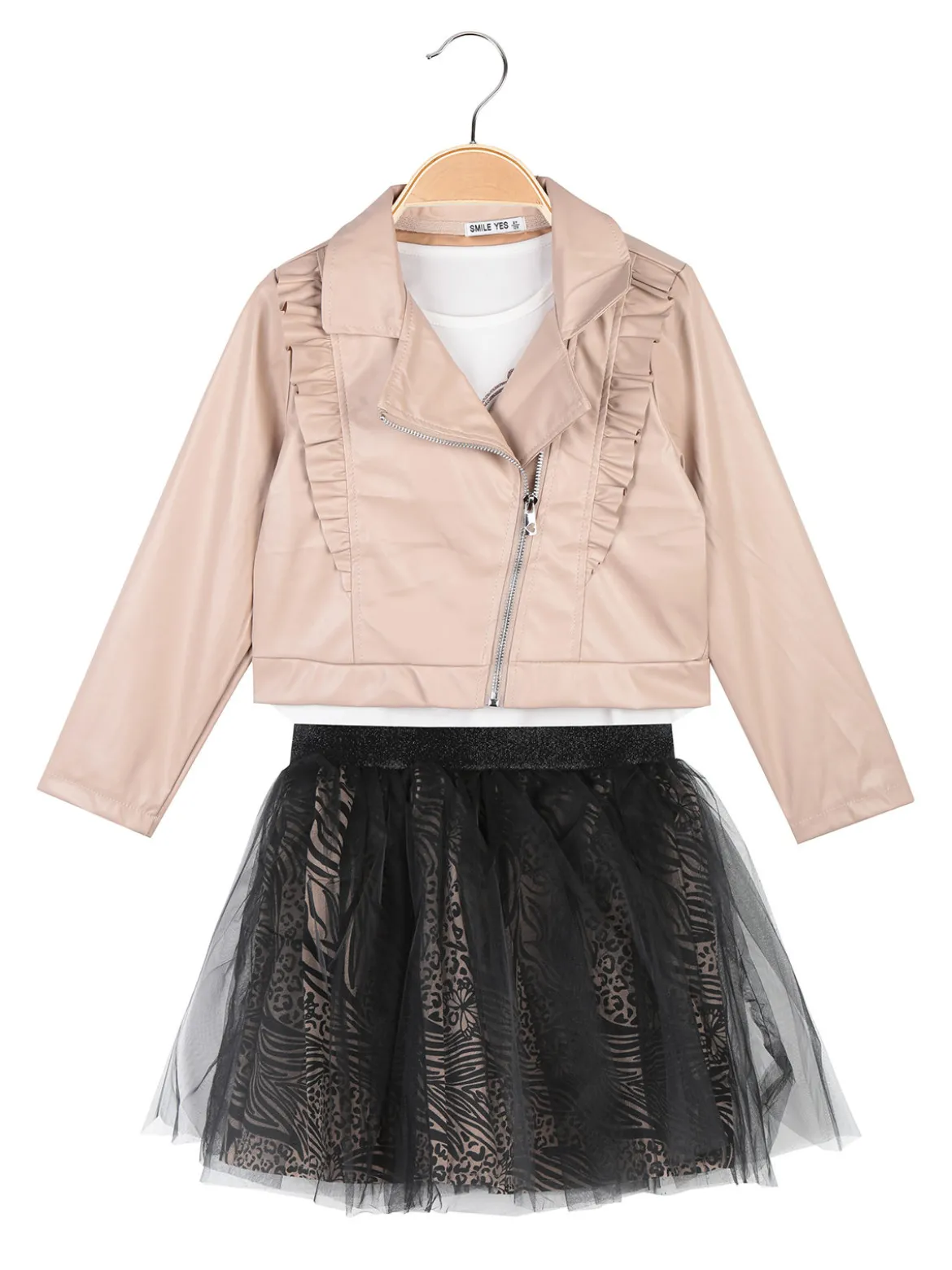 Smile Yes Completo 3 pezzi da bambina con giacca in ecopelle e gonna in tulle