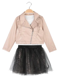 Smile Yes Completo 3 pezzi da bambina con giacca in ecopelle e gonna in tulle