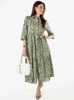 Solada Abito lungo da donna a camicia in cotone con maniche a 3/4 - verde