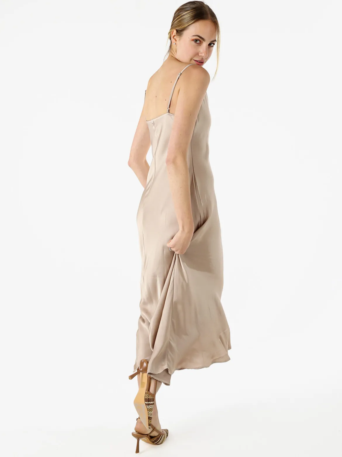 Solada Abito lungo da donna con spalline sottili e scollo a cascata - beige