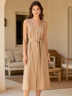 Solada Abito smanicato da donna a camicia in misto lino - khaki