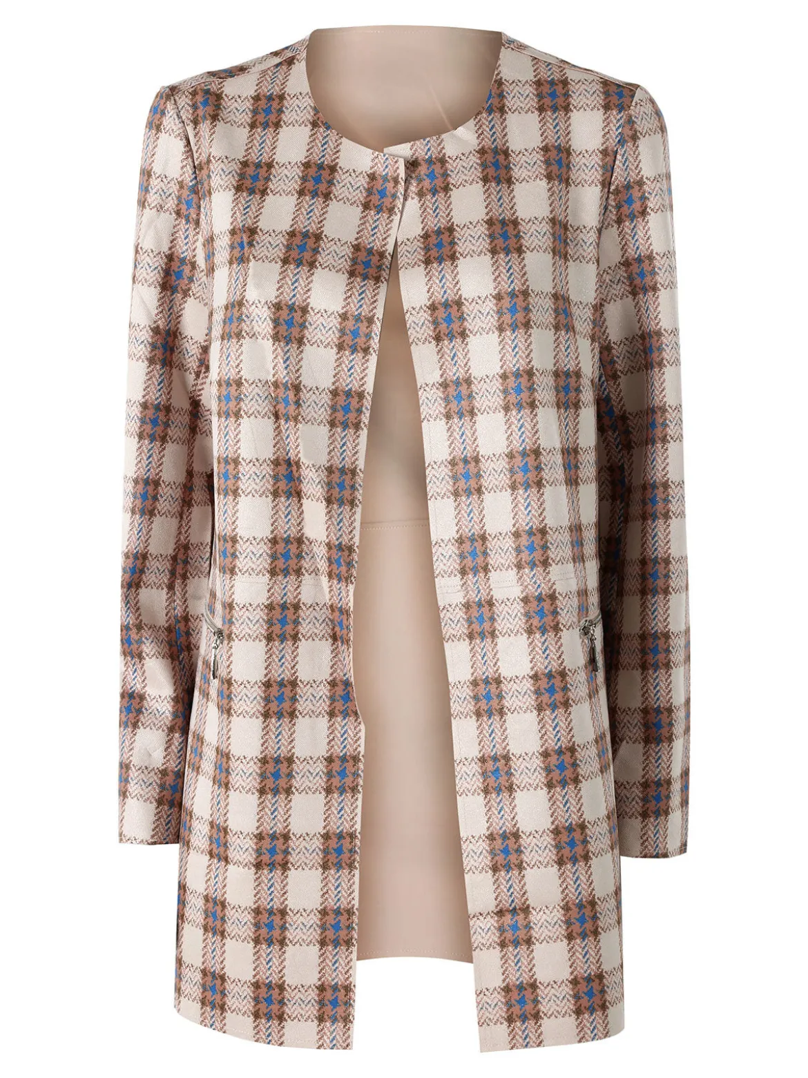 Solada Blazer donna aperto in tessuto scamosciato con stampe a quadri - cammello