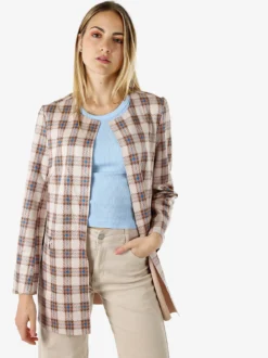 Solada Blazer donna aperto in tessuto scamosciato con stampe a quadri - cammello