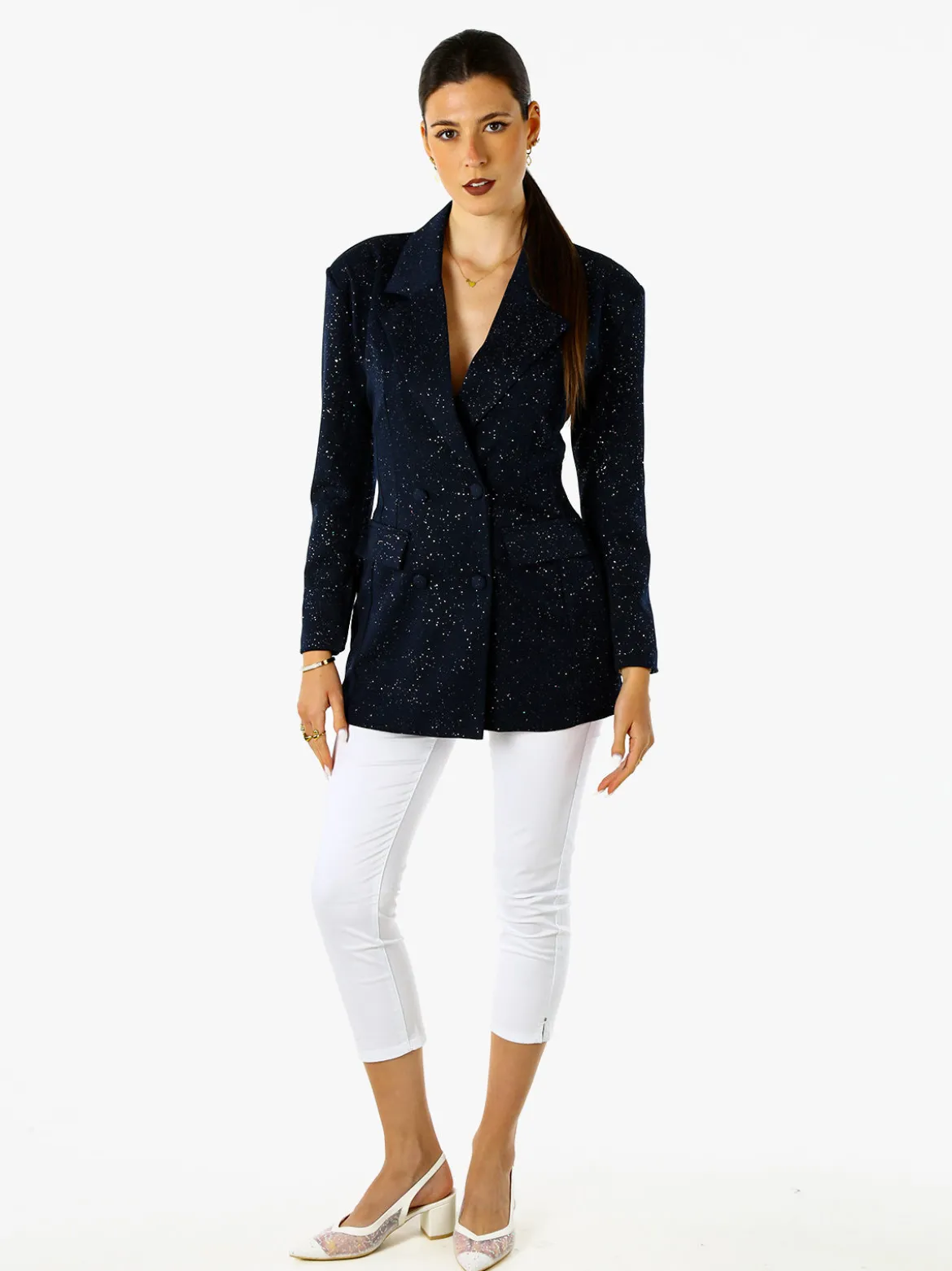 Solada Blazer donna elegante con brillantini e chiusura a doppiopetto - blu scuro