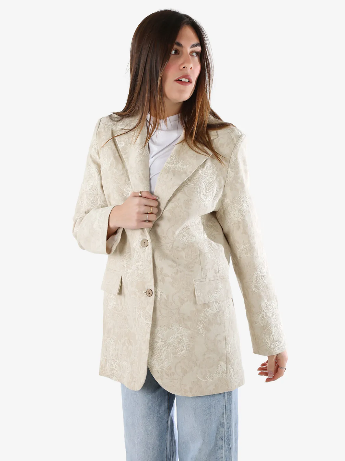 Solada Blazer donna oversize in cotone con ricami - beige