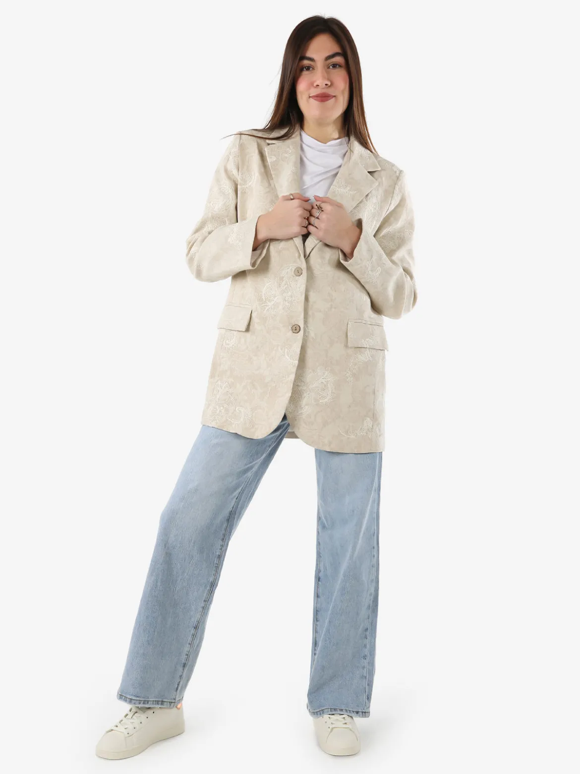 Solada Blazer donna oversize in cotone con ricami - beige
