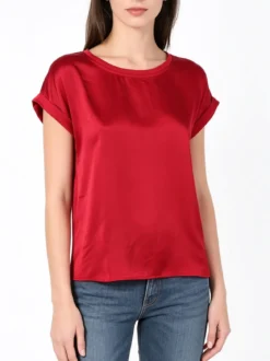 Solada Blusa da donna a maniche corte con parte davanti effetto raso - bordeaux