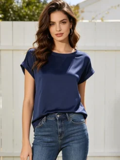 Solada Blusa da donna a maniche corte con parte davanti effetto raso - blu scuro