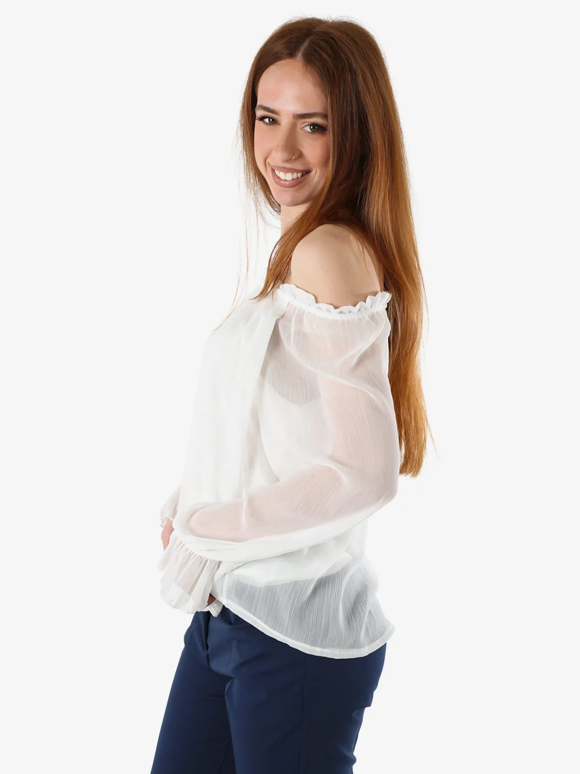 Solada Blusa da donna a maniche lunghe velate con scollo a barchetta - bianco