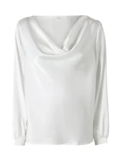 Solada Blusa donna a maniche lunghe in tessuto simil raso con scollo a cascata - bianco