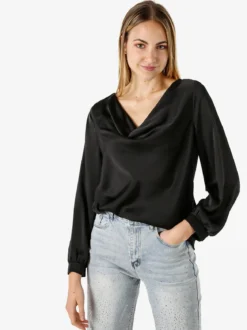 Solada Blusa donna a maniche lunghe in tessuto simil raso con scollo a cascata - nero