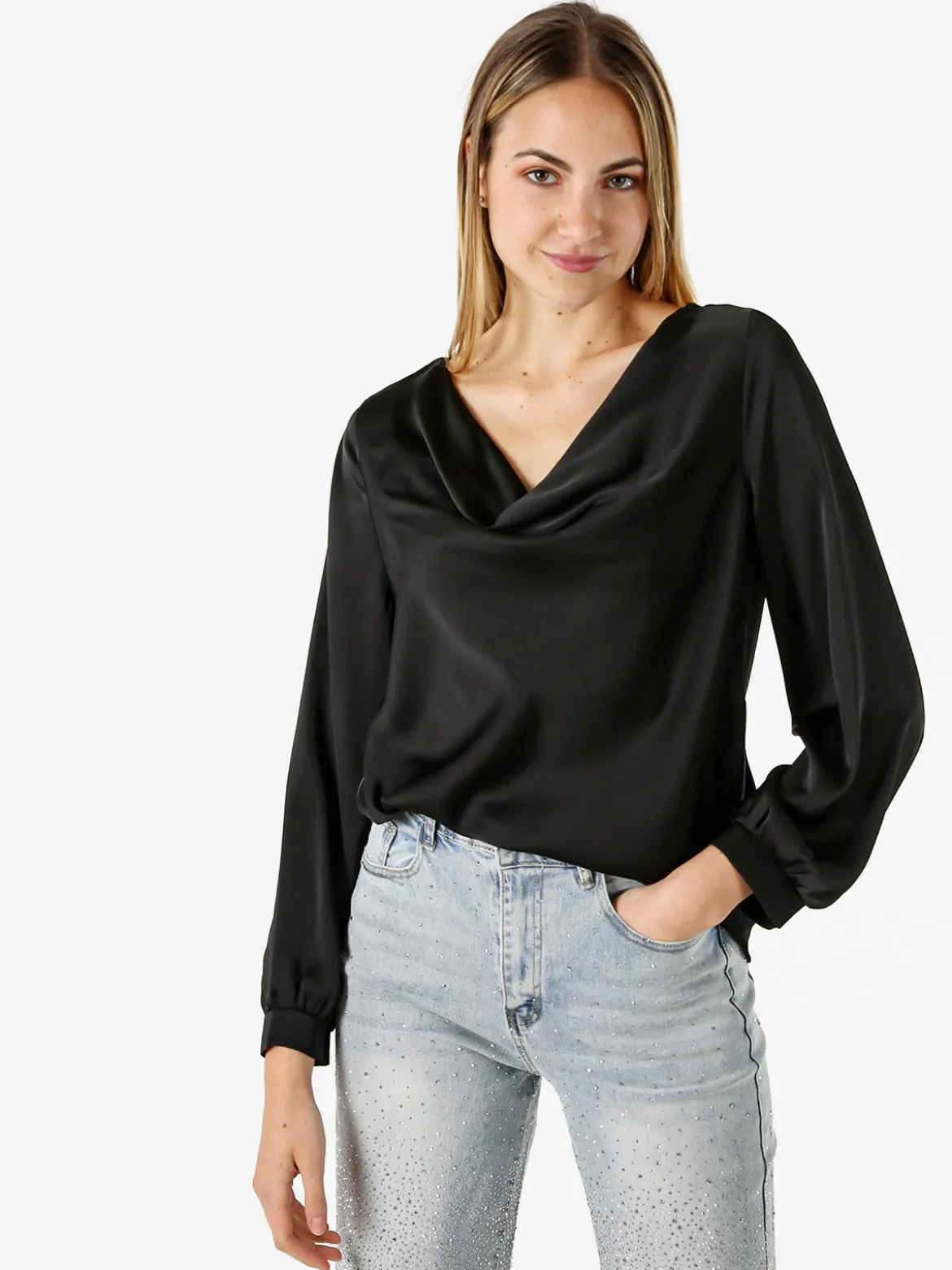 Solada Blusa donna a maniche lunghe in tessuto simil raso con scollo a cascata - nero